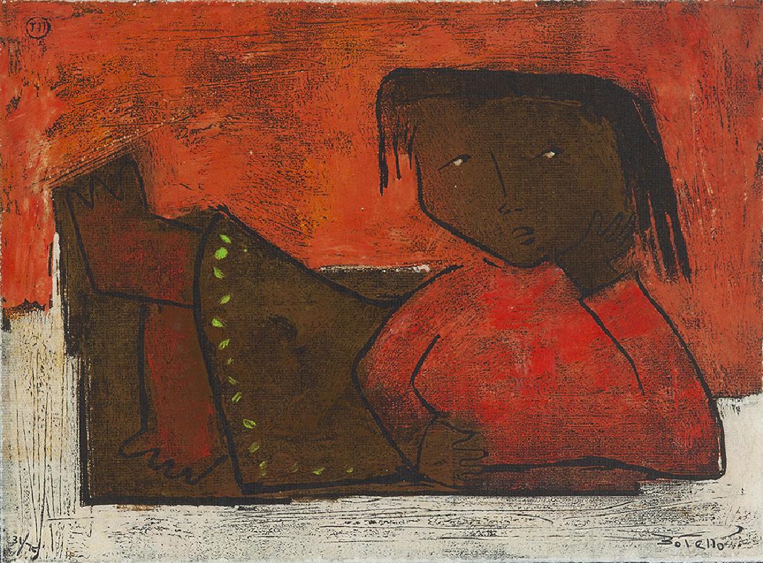 Angel Botello (1913-1986 Puerto Rican): Reclining female figure Linocut on paper under glass 31/75, signed lower right: Botello Image: 11" H x 15" W Provenance: Galeria Botello, San Juan, Puerto Rico.