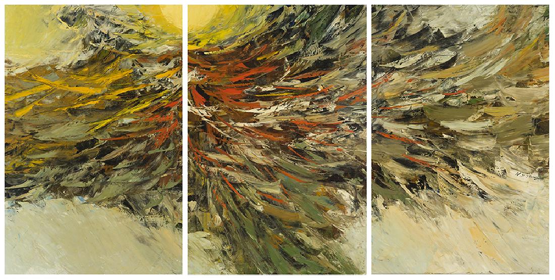Yang Hsing-sheng (1938-* Taiwanese): Untitled Triptych Oil on canvas Signed right center on the right canvas: H.S. Yang Each: 36" H x 24" W