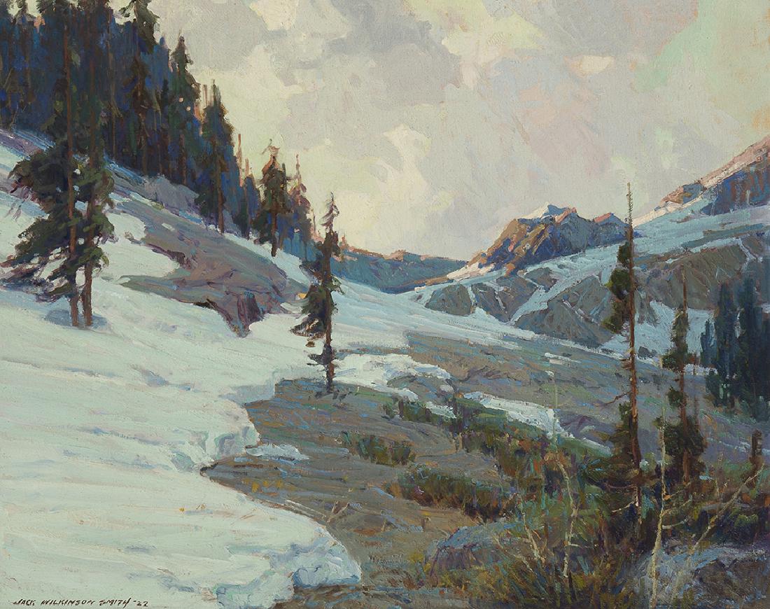 Jack Wilkinson Smith (1873-1949 Alhambra, CA): Lingering Snow, High Sierras, 1922 Oil on canvas Signed and dated lower left: Jack Wilkinson Smith, with alternate date verso: 1921, signed again, titled, indistinctly inscribed and numbered verso: No