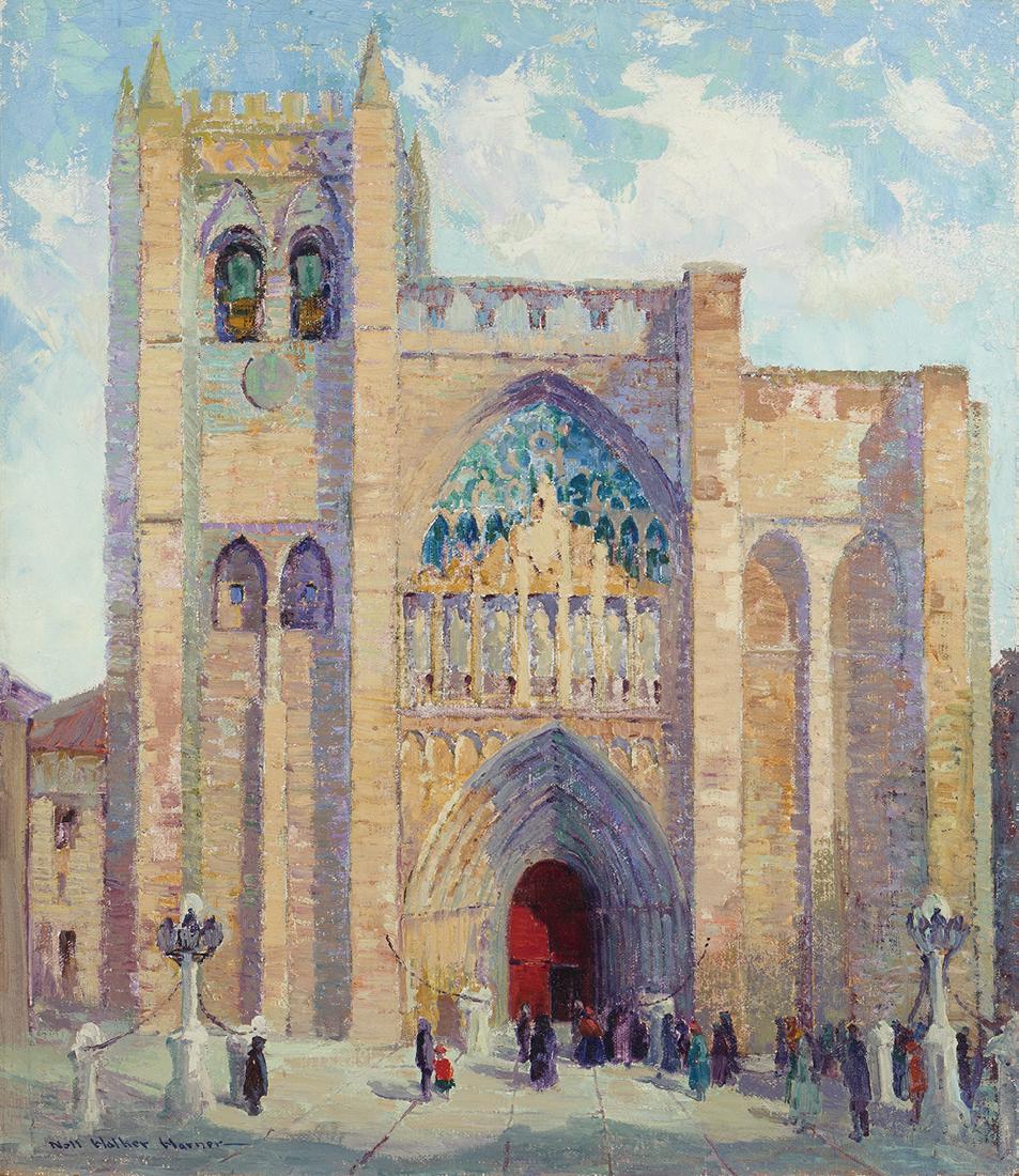Nell Walker Warner (1891-1970 Carmel, CA): Cathedral exterior with figures Oil on canvas Signed lower left: Nell Walker Warner 30" H x 26" W Provenance: Estate of the artist; Gifted to the present owner.