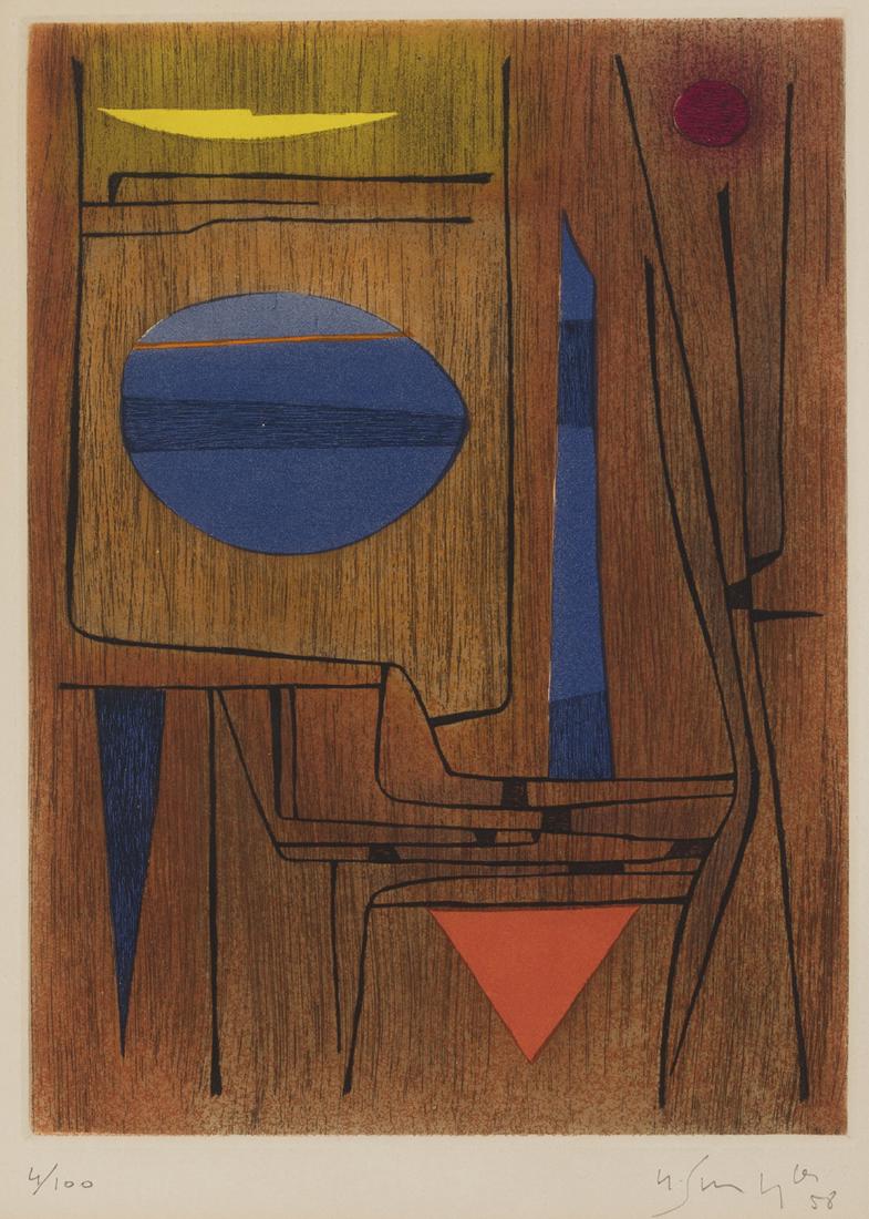 Gustave Singier (1909-1984 French): Abstract, 1958 Etching with aquatint on paper under glass Edition 4/100; Signed and dated lower right: G. Sinigier Plate: 11.5" H x 8.5" W