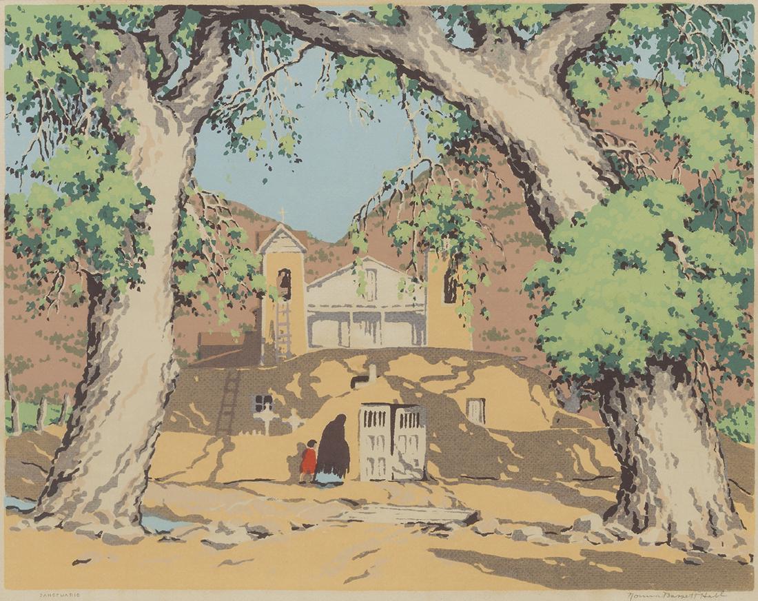 Norma Bassett Hall (1889-1957 Santa Fe, NM): Sanctuario Serigraph on paper laid to board under glass Signed lower right: Norma Bassett Hall, titled lower left Image: 12" H x 15.5" W