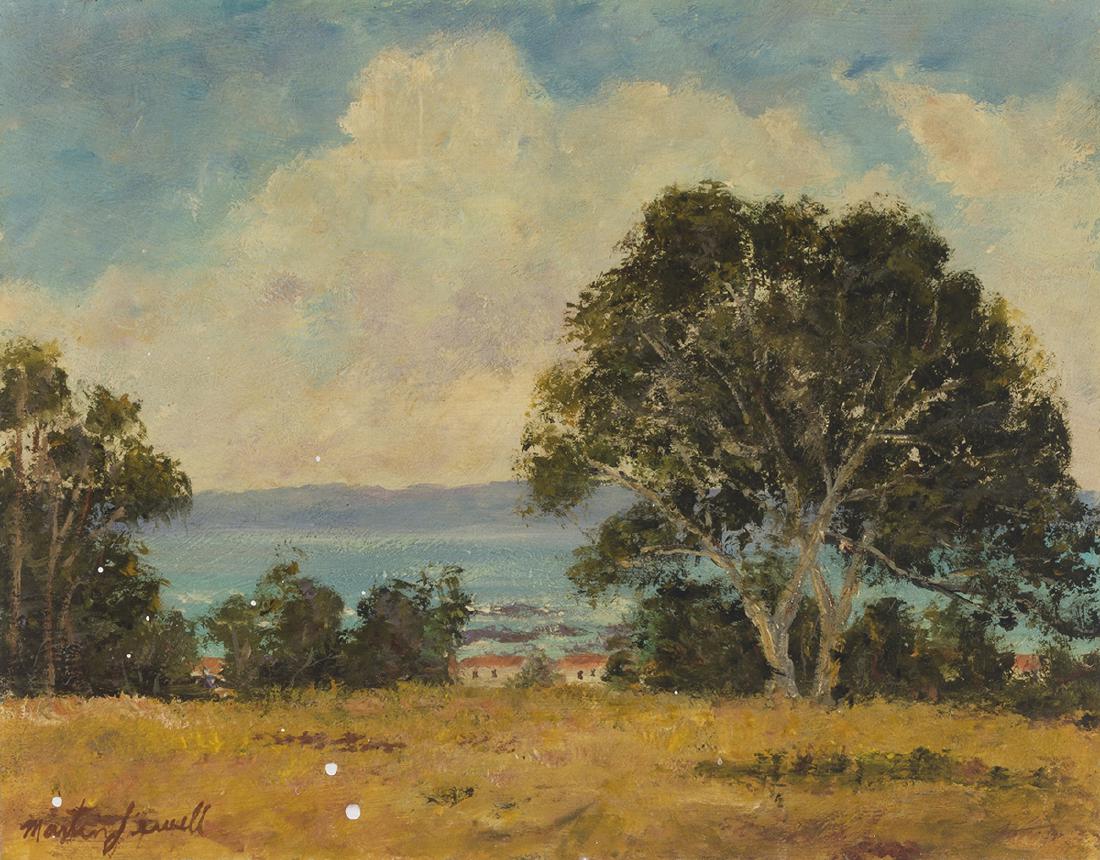 Martin Jewell (20th Century American): Coastal with houses Oil on board Signed lower left: Martin Jewell 11" H x 14" W