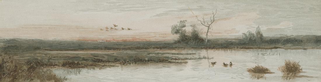 Wedworth Wadsworth (1846-1927 American): Marsh landscape with ducks and geese Watercolor on paper under glass Signed lower left: Wedworth Wadsworth Sight: 3.5" H x 13.75" W