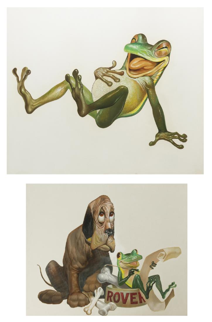 Montyne (1916-1989 Las Vegas, NV): Laughing frog and Frog with dog; Two works Each: Oil on board under glass Each: Unsigned Sight of largest: 19.5" H x 22.75" W