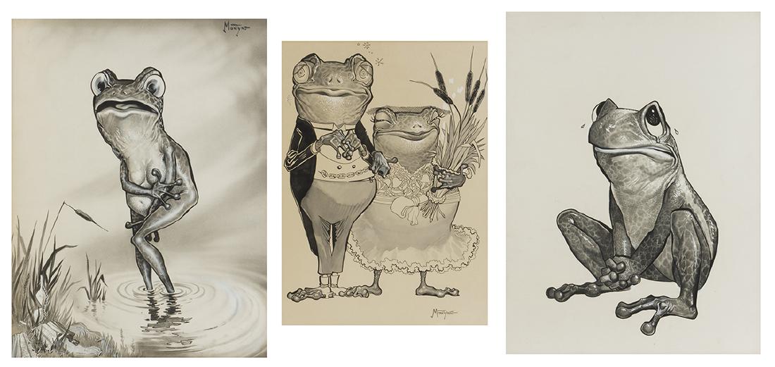 Montyne (1916-1989 Las Vegas, NV): Three works of frogs Each: Ink wash with gouache highlights on board under glass Two works signed: Montyne; One unsigned Sight of largest: 17" H x 13.25" W