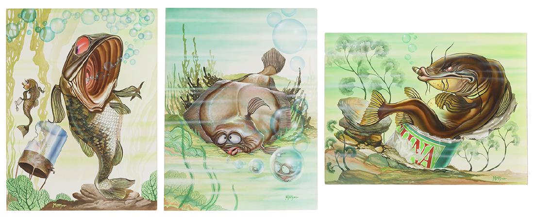 Montyne (1916-1989 Las Vegas, NV): Three works of cartoon fish: Catfish, Bass and Flounder Each: Watercolor on board Signed lower right or lower left: Montyne Board: 20" H x 15" W or 15" H x 20" W