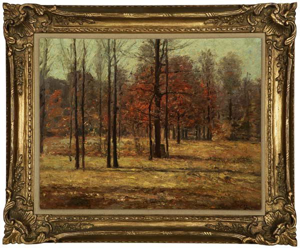 Theodore Clement Steele (1847-1926): Indiana landscape in autumn, signed and dated lower right: T.C. Steele 1924, oil on canvas laid to canvas, 22'' x 27'', est:$30,000/40,000. Provenance: Acquired from the artist's son by the uncle of t