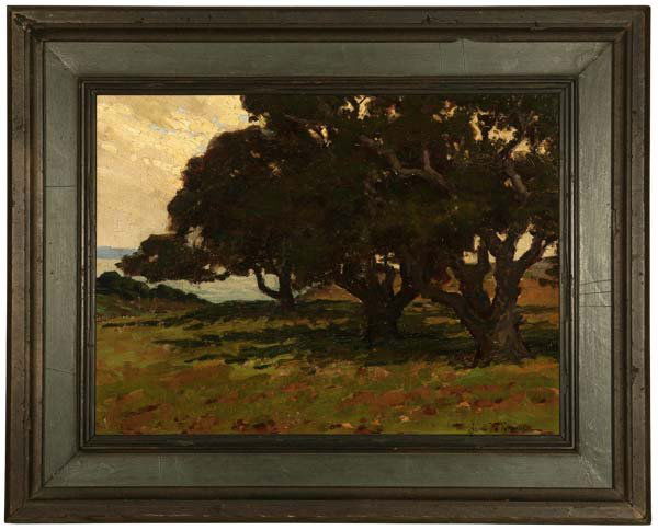 John Marshall Gamble (1863-1957): Oak Trees, Hope Ranch, signed lower right: John M. Gamble, oil on canvas laid to canvas, 12'' x 16'', est:$12,000/18,000. Provenance: Goldfield Galleries, Los Angeles, CA (see label verso); Private Co
