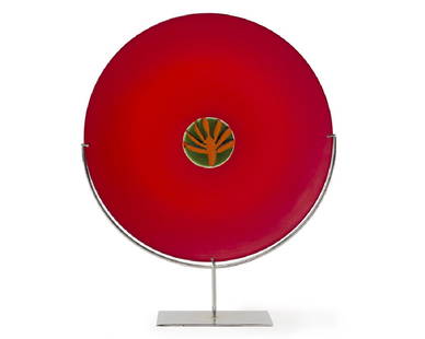 An Italian Venini charger on stand: 1986 Acid etched: Venini Laura 1986 05 "Summer" from the "Quattro Stagioni" series for Venini designed by Laura de Santillana (1955-* Italian), the red glass charger centering orange and apple green M