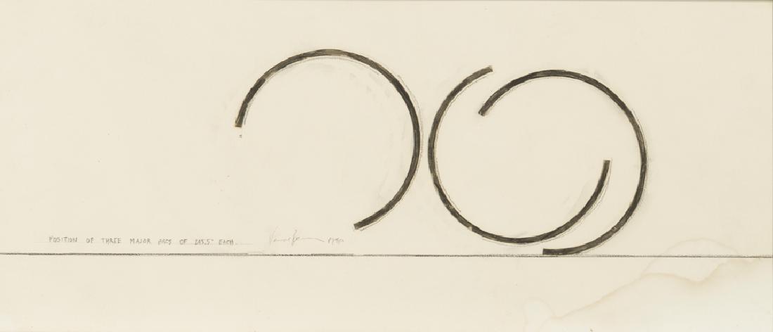 Bernar Venet (1941-* French): Position of Three Major Arcs of 245.5 Degrees Each, 1980 Collage and charcoal on paper Signed, titled and dated lower right: Venet Bernar 8.5" H x 19.75" W Provenance: Gift of the artist to the partne
