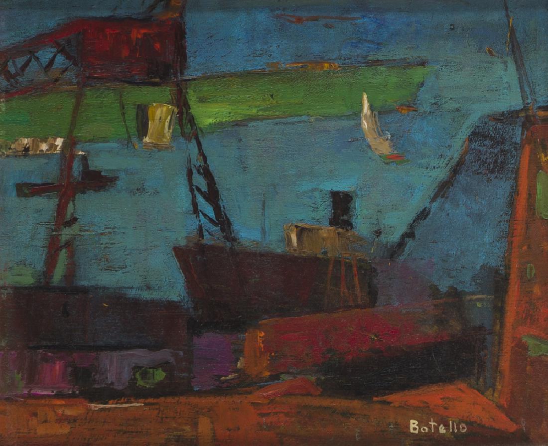 Angel Botello (1913-1986 Puerto Rican): Boats in port Oil on panel Signed lower right: Botello, numbered verso: A.59 10.5" H x 12.75" W