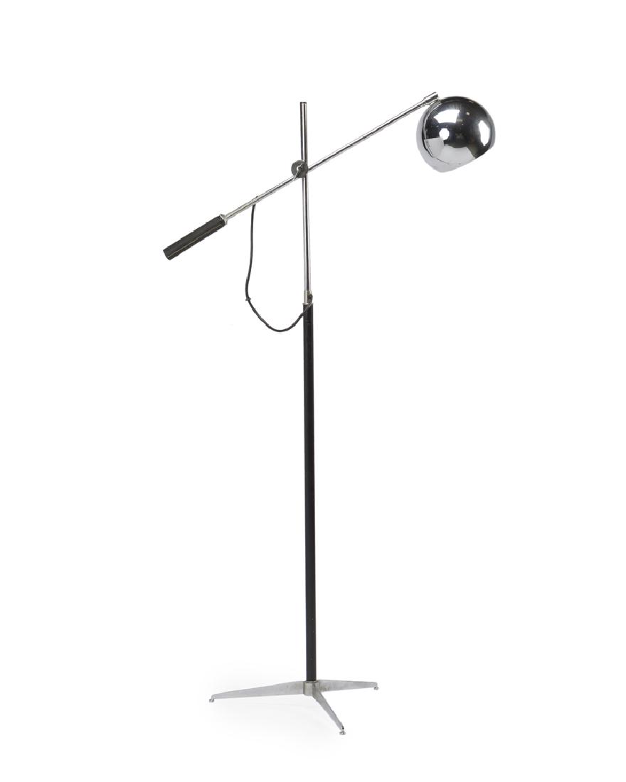 A Robert Sonneman ''Orbiter'' floor lamp: Second half 20th century Designed 1960s by Robert Sonneman (Mid-20th century American) the chromed light on an adjustable metal arm with leather-wrapped handle on cylindrical base with tripod foot 57"