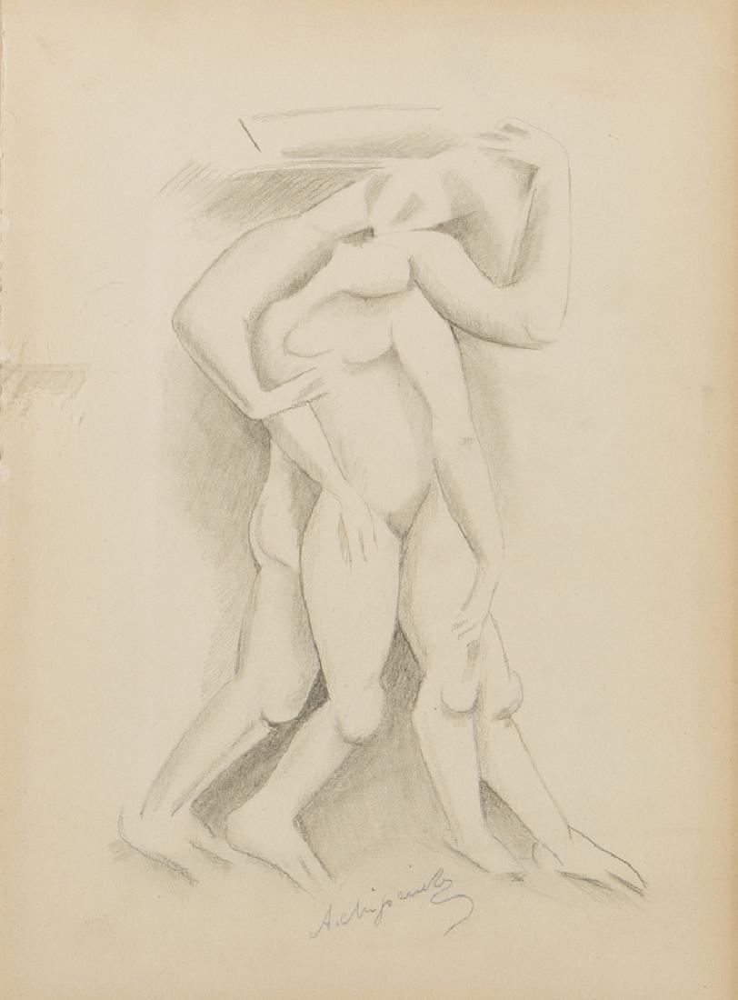 Alexander Archipenko (1887-1964 Ukrainian/American): Study of two figures Pencil on paper under glass Signed lower center: Archipenko Sheet: 13.5" H x 9.5" W Provenance: Richard L. Feigen & Co., New York, NY.