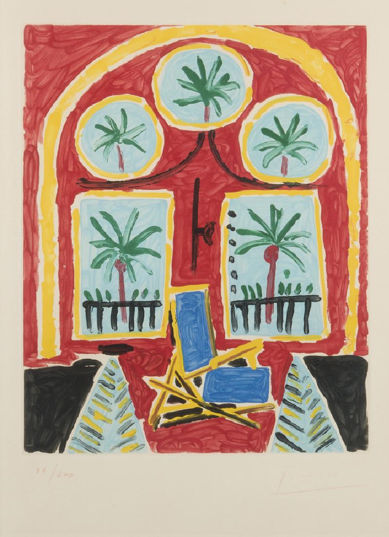 Pablo Picasso (1881-1973 Spanish): La fenêtre de l’atelier à la Californie, 1959 Color aquatint on BFK Rives wove paper; Atelier Crommelynck, Paris, pub. Edition 89/300, signed lower right: Picasso Plate: 16" H x 13" W
