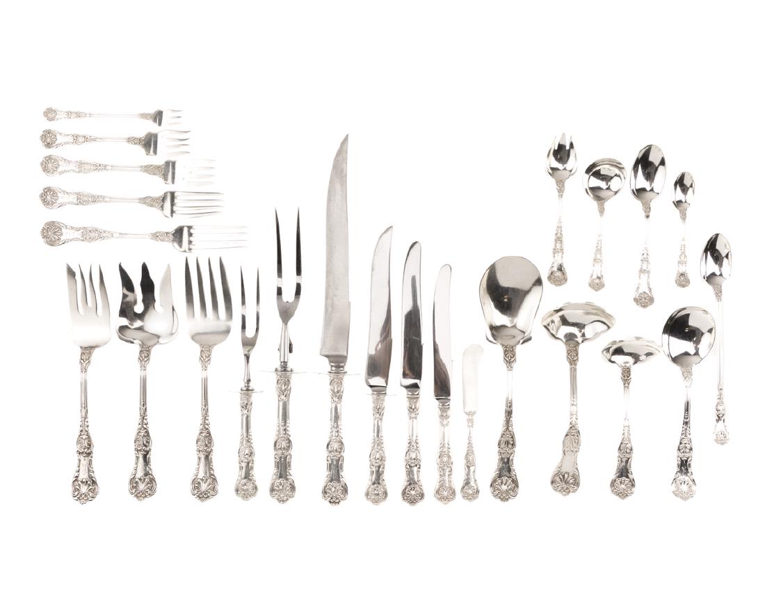 A Gorham "King George" sterling silver flatware service: 20th century Each stamped for Gorham and sterling silver Designed 1894 by William C. Codman, comprising 12 hollow-handled dinner knives, 12 hollow-handled luncheon knives, 16 flat-handled butter spr
