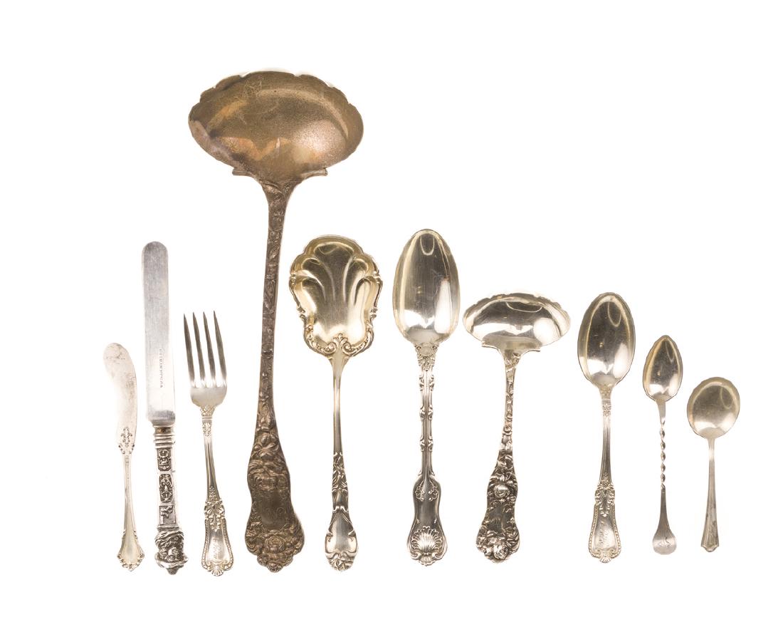A group of sterling and coin silver serveware: 20th century Comprising serveware in various patterns by notable makers including Gorham, 25 pieces 43.435 gross oz. troy approximately