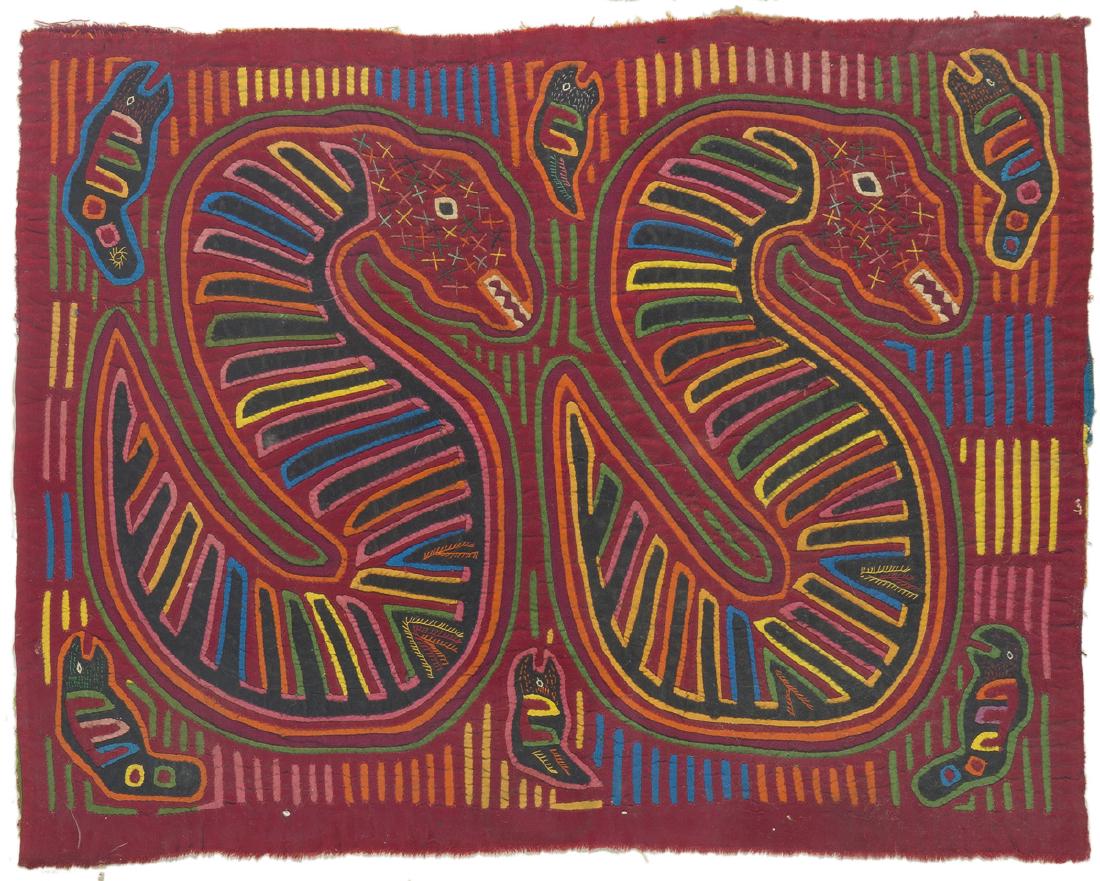 A Central American rainbow serpent textile: Hand-embroidered textile fragment depicting serpents on a red ground 14.5" H x 18.5" H