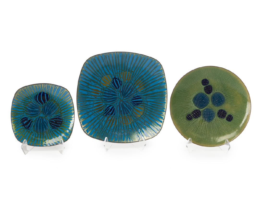 Annemarie Davidson (1920-2012 Sierra Madre, CA): Three plates Enamel on copper Each with paper label: Annemarie Davidson / Handcrafted Copper / Sierra Madre, CA Largest: .75" H x 8.5" W x 8.5" D