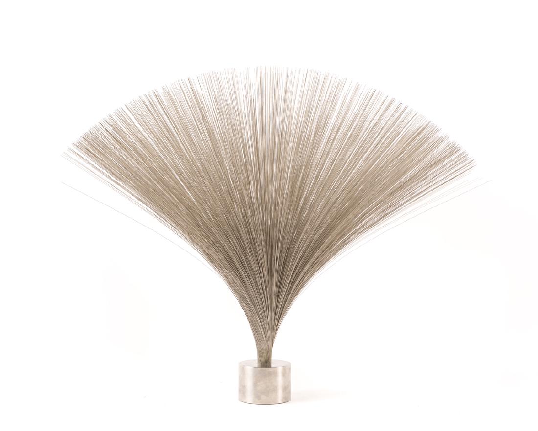 A Tom McAllister kinetic spray sculpture: 1966 Marked to base: TWM Polished wire steel, in the style of Harry Bertoia 26.25" 32" Dia.