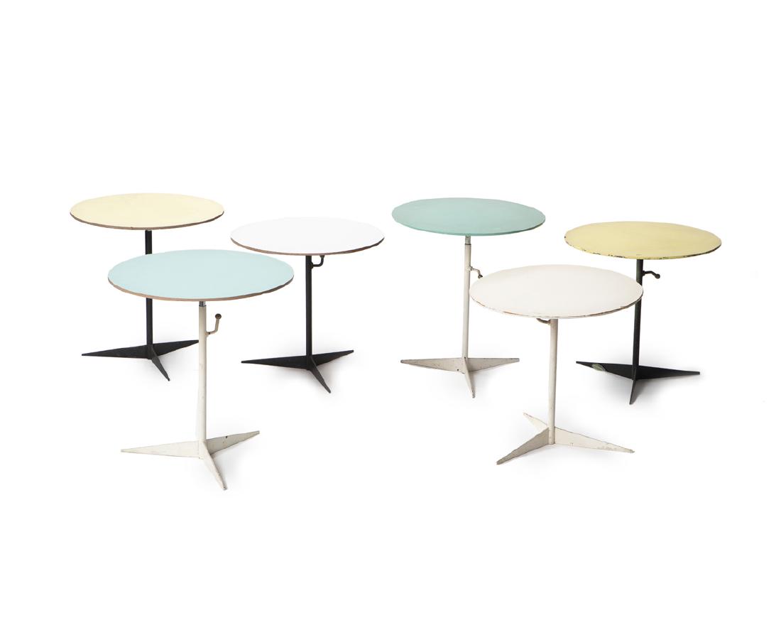 Six small modernist adjustable tables: Third quarter 20th century Each circular top each on an adjustable tripod pedestal base, comprising two yellow, two white, and two blue/green, 6 pieces 16.875"-29.75" H x 18" Dia.