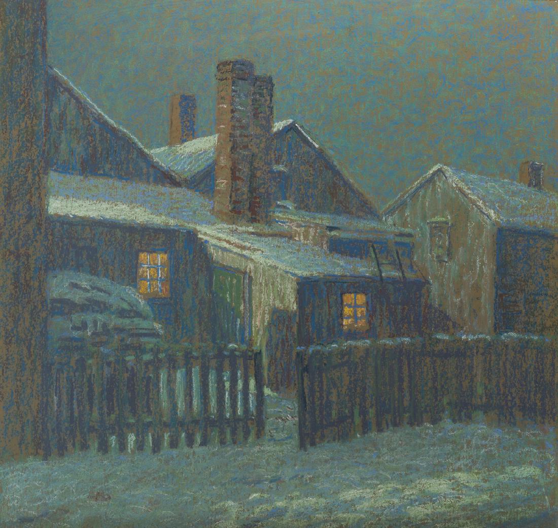 George Joseph Koch (1884-1951 Carmel, CA): "Winter Moonlight" Pastel on board under glass Signed and titled on a label affixed verso: George Koch Sight: 19" H x 20" W Provenance: Acquired directly from the artist. By descent in the famil