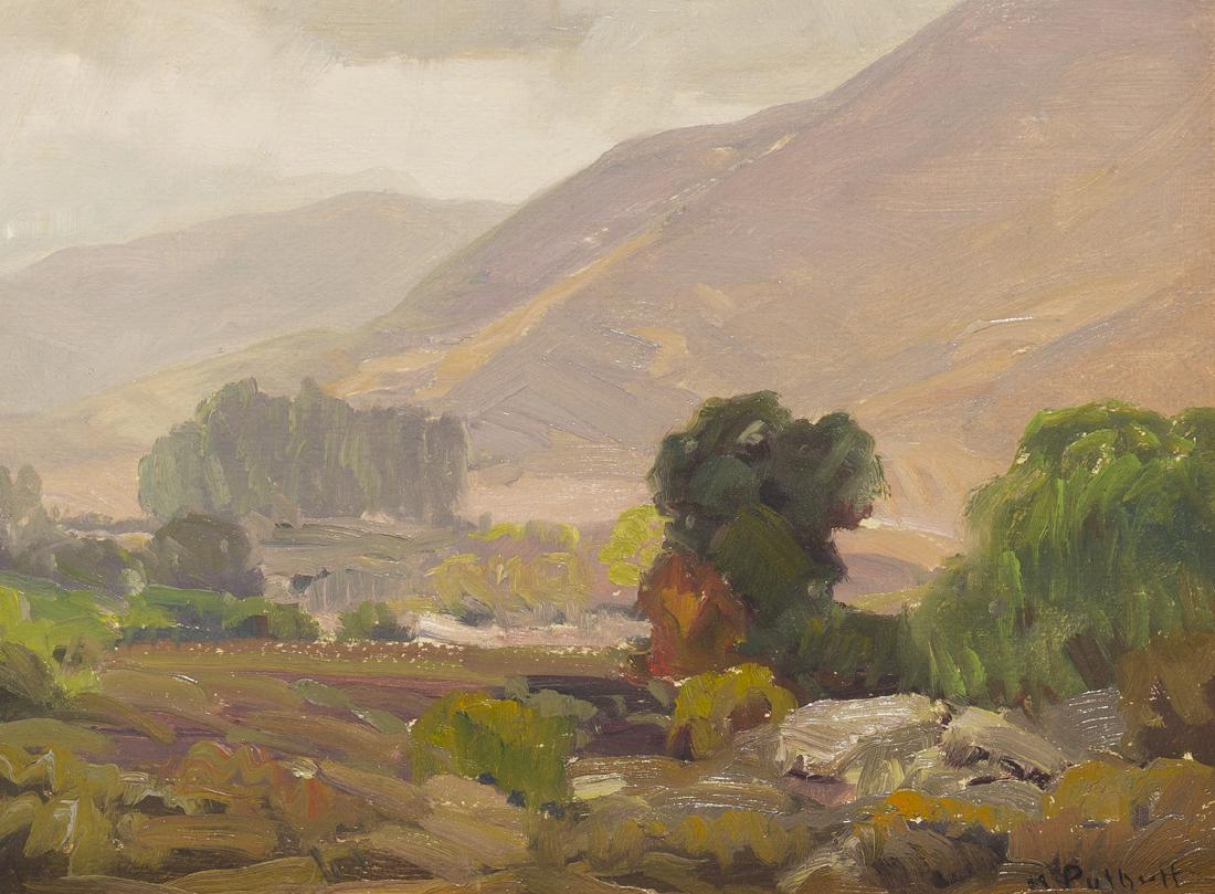 Hanson Duvall Puthuff (1875-1972 Corona Del Mar, CA): "Vapor" Oil on masonite Signed lower right: H. Puthuff, titled verso 12" H x 16" W