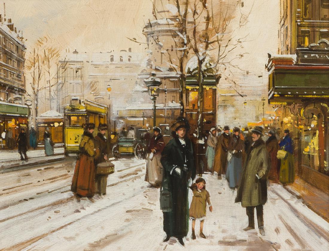 Armand Henri Leroux (1948-* French): "The City in Winter" Oil on panel Signed lower left: A.H. Leroux, titled on a gallery label affixed verso 13" H x 16" W Provenance: Titus Fine Art, Beverly Hills, CA.