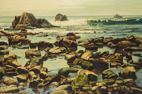 Frank J. Gavencky (1888-1966 Ramona, CA): Rocky coastal Oil on masonite Signed lower right: Frank J. Gavencky 24" H x 36" W