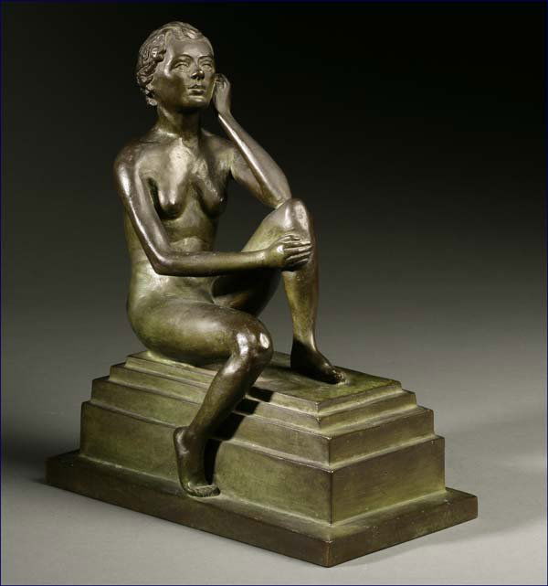 A patinated bronze figure of a nude woman: 20th century, apparently unsigned, depicted seated on a stepped rectangular plinth with face resting on hand, arm resting on knee, 12.75 H x 10.25 W x 5.75 D, est:$1000/2000
