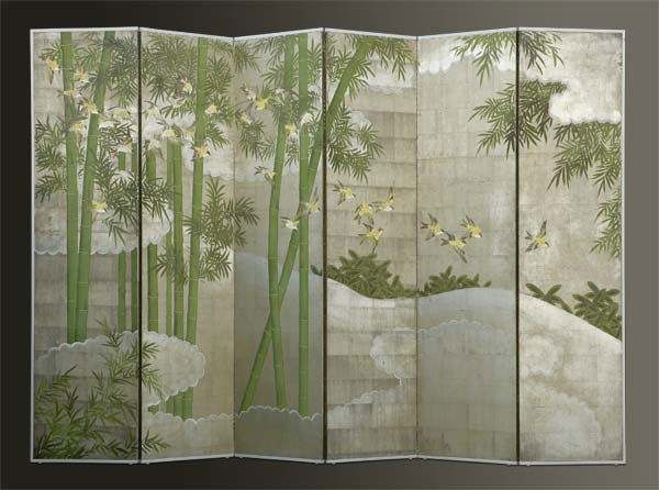 A Robert Crowder Japanese style floor screen: circa 1960s, signed ''Robert Crowder'' over Japanese characters, decorated overall with yellow birds amidst bamboo, on layers of silver paper, the reverse painted beige, each panel, 96 H x 24.75 W, es