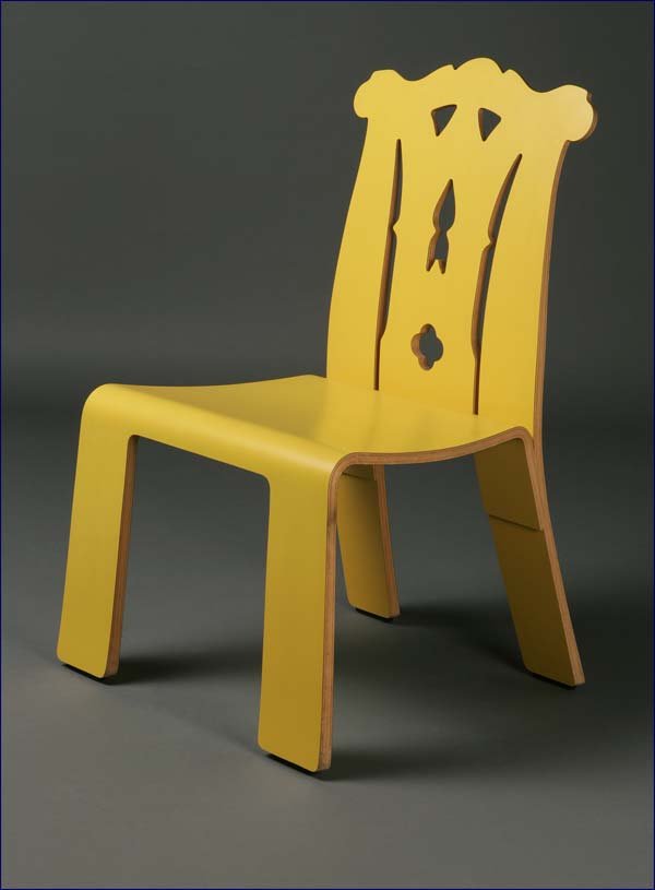 Robert Venturi for Knoll yellow Chippendale chair: circa 1985, of typical form, with pierced back, molded plywood with yellow plastic laminate, 37.75 H x 23 W x 18.5 D, est:$1500/2500. Literature: This model is illustrated David B. Brownlee et al., ''