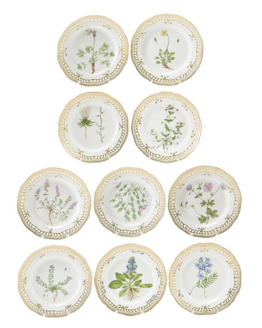 Ten Royal Copenhagen "Flora Danica" dinner plates: Second half 20th century Each signed to bottom: Royal Copenhagen / Denmark / 20/3553 Comprising geranium palustre, vicia dumetorum, thymus chamaedrys, polemonium coeruleum, ajuga genevensis, polygal