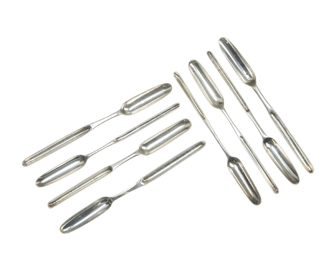 Eight British bone marrow spoons: 1748-1831 Each stamped for sterling silver Comprising three Irish Michael Keating I spoons, one Irish Samuel Neville spoon, and four London-made English spoons, one stamped for George Smith III, two