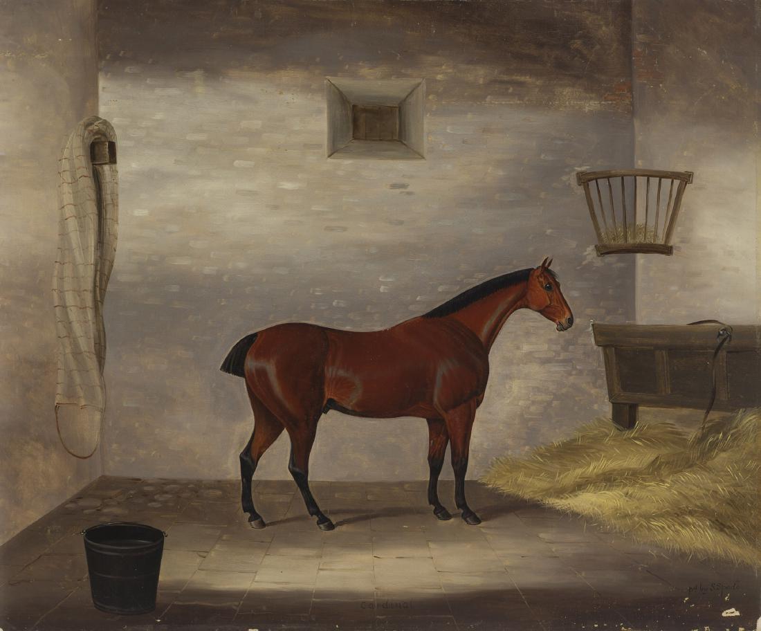 Samuel Spode (1798-1872 English): Cardinal, horse in a stable Oil on canvas laid to canvas Signed lower right: Pd by S. Spode, titled lower center 25" H x 30" W