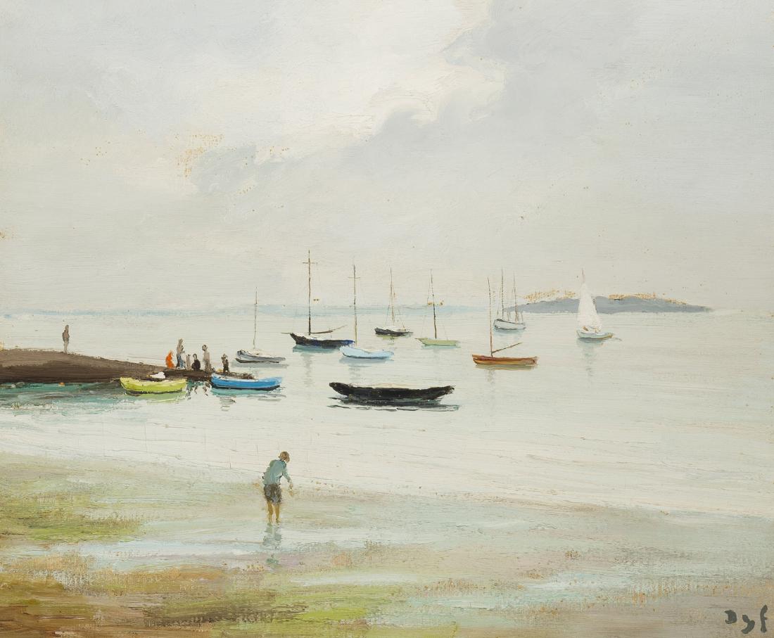 Marcel Dyf (1899-1985 French): Harbor scene with figures and boats at rest Oil on canvas Signed lower right: Dyf 18" H x 21.5" W