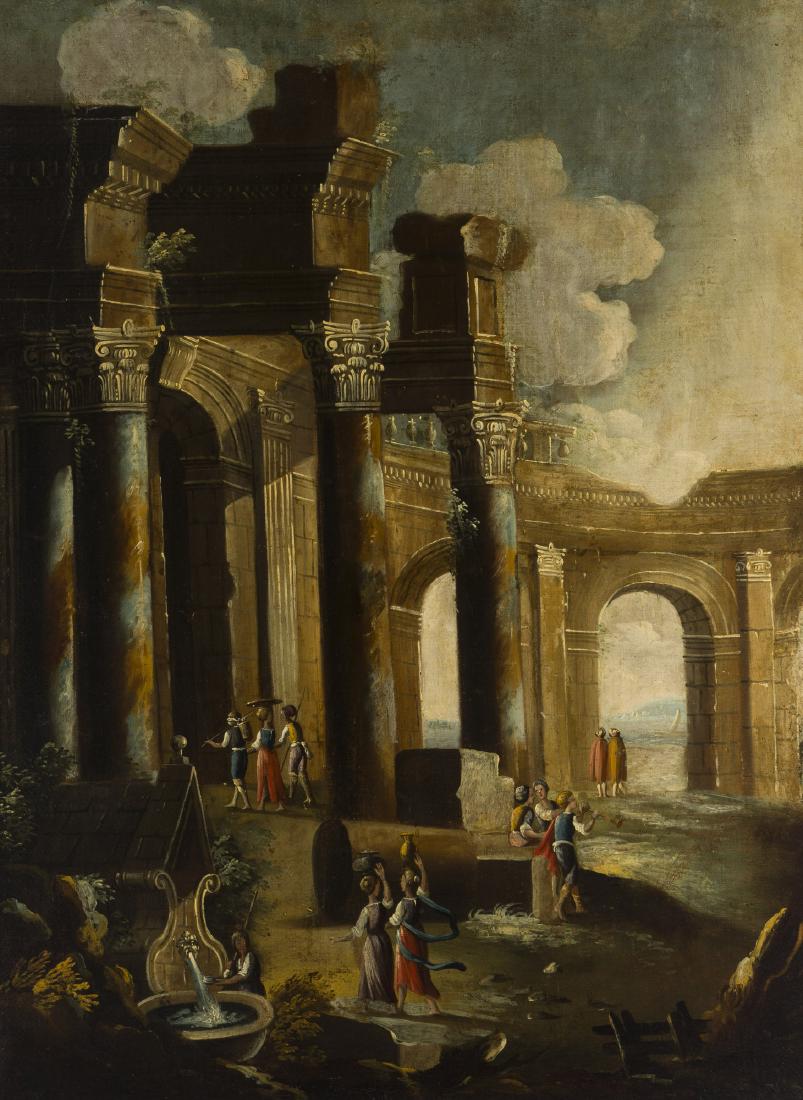18th Century Continental School: Roman ruins with figures Oil on canvas Unsigned 39.25" H x 29.5" W