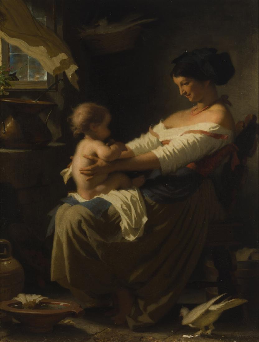 Jacques Alfred van Muyden (1818-1898 Swiss): Mother and child, 1855 Oil on canvas laid to canvas Signed and dated lower left: A. van Muyden 15.5" H x 12" W