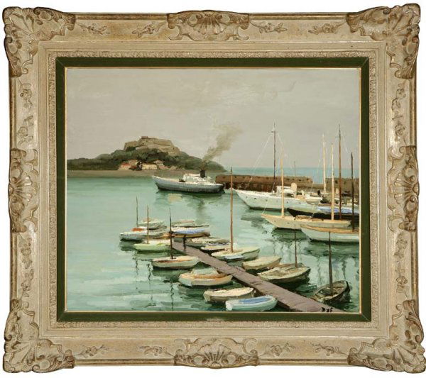 Marcel Dyf (1899-1985): Harbor in Antibes, signed lower right: Dyf partially titled on partial typed label verso: Antibes oil on canvas 21.25'' x 25.5'' est:$9000/12 000. Note: Stamped indistinctly verso: c Marcel Dyf 19** *