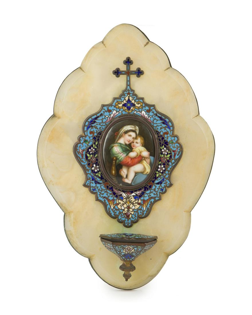 A marble and champleve enamel holy water font (1 of 3)
