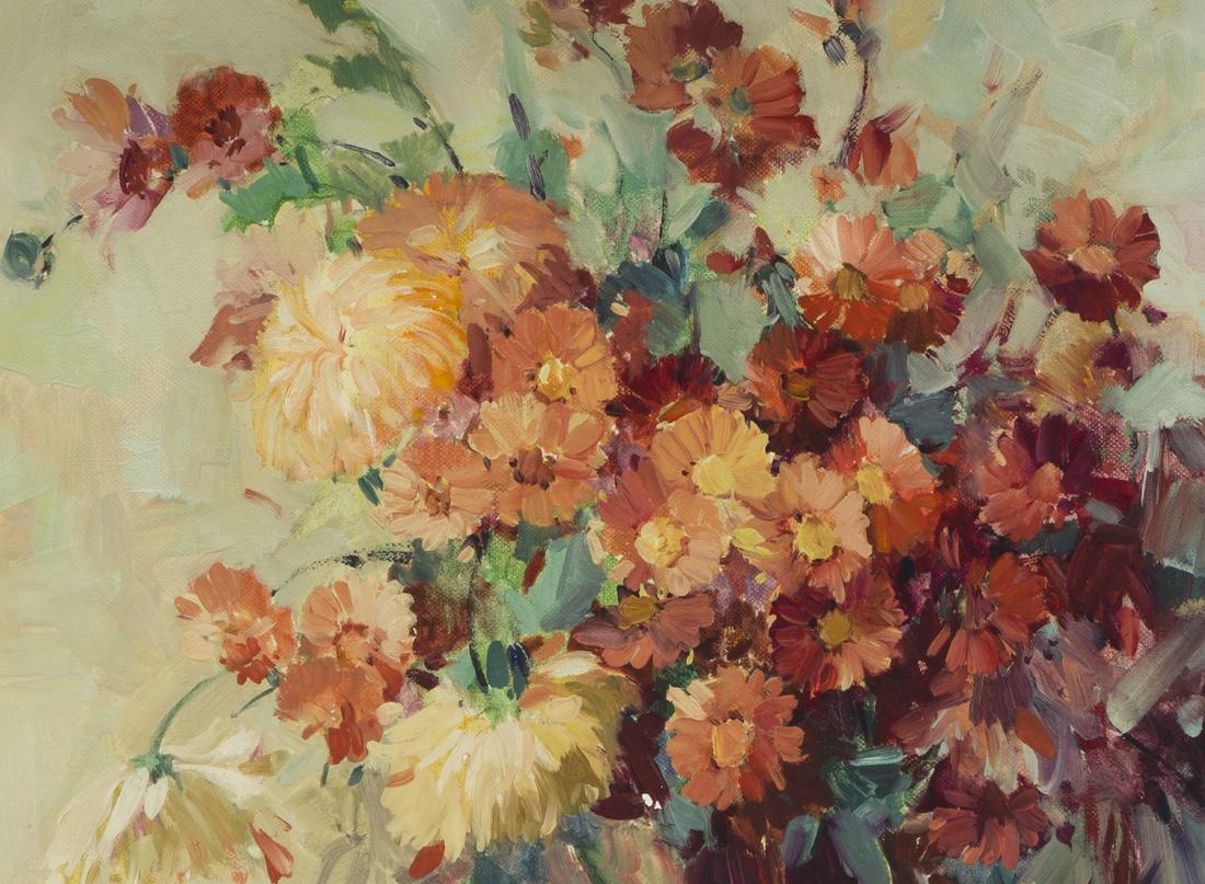 Nell Walker Warner (1891-1970 Carmel, CA): Chrysanthemums Oil on canvas laid to panel Signed lower right: Nell Walker Warner, signed again and titled verso 12" H x 16" W Exhibitions: Glendale Art Association Exhibition, Glendale, CA, n.d.