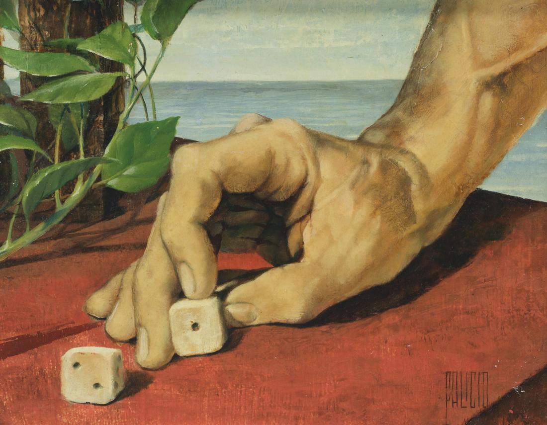 Fernando Palicio (1920-1999 Italian): Hand with dice Oil on panel Signed lower right: Palicio 8.5" H x 10.5" W