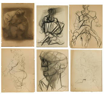 Rico LeBrun (1900-1964 Los Angeles, CA): Awake ye Sleepers, 1937 and modernist figures (six works)  Charcoal on paper, one piece laid to board  The first: Signed and dated lower right: Lebrun, titled lower left, the others are unsigned  Shee