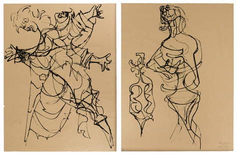 Rico LeBrun (1900-1964 Los Angeles, CA): Abstract figures (two works)  Each: Ink on Strathmore paper  Each: Unsigned  Sheet of each: 25" H x 19" W