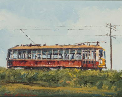 Ben Abril (1923-1995 Los Angeles, CA): Street Car Named Desire Oil on canvas Signed lower left: Ben Abril, titled on the stretcher, inscribed verso: Red car along Huntington Beach 11" H x 14" W