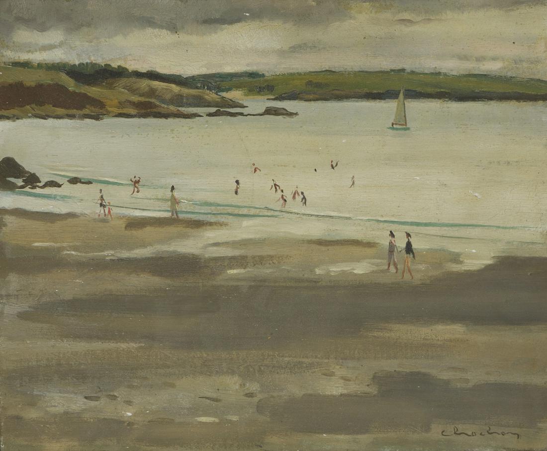 Andre Chochon (1910-2005 French): Figures on a beach Oil on masonite Signed lower right: Chochon 15" H x 18" W