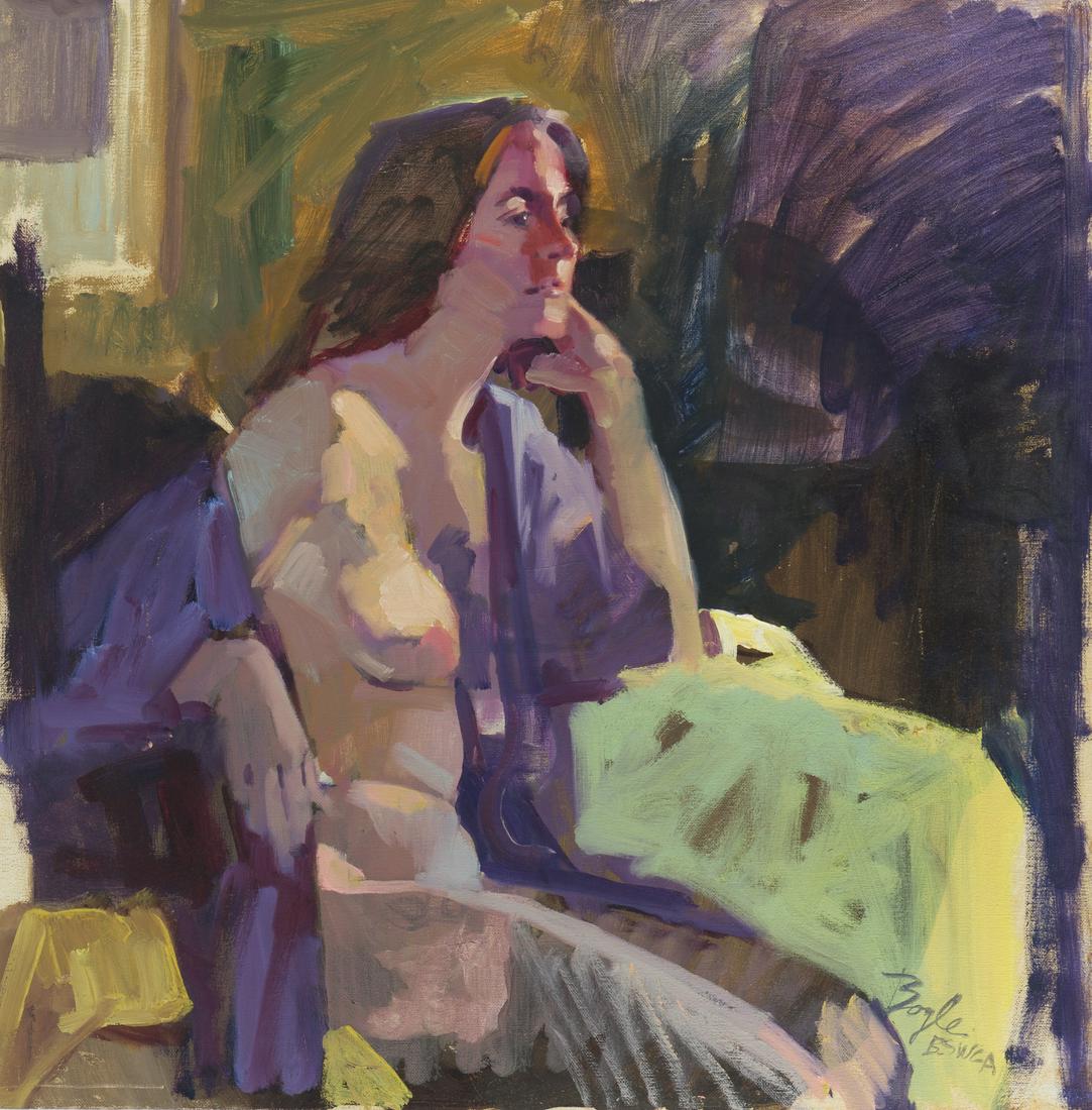 Neil Boyle (1931-2006 Los Angeles, CA): Nude draped in purple Oil on canvas Signed lower right: Boyle / BSWGA 24" H x 24" W