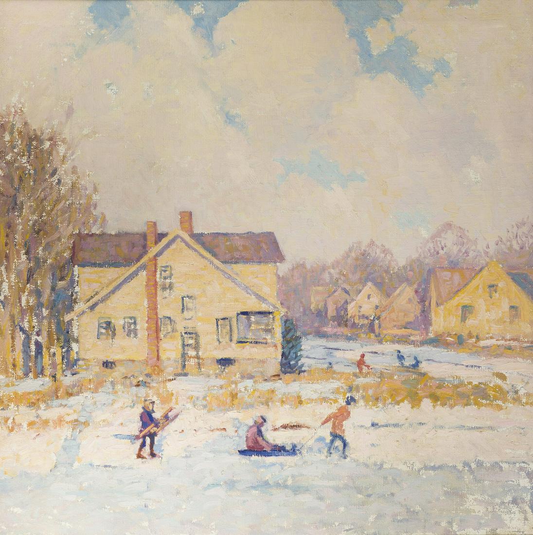 George Joseph Koch (1884-1951 Carmel, CA): Children playing in a winter village, Connecticut Oil on canvas Unsigned 32.5" H x 32.5" W