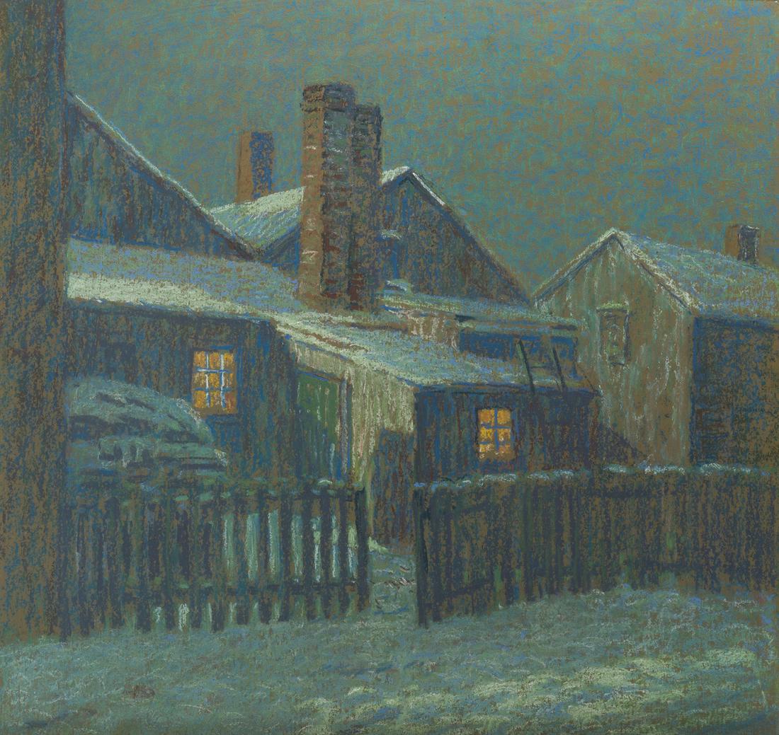 George Joseph Koch (1884-1951 Carmel, CA): Winter Moonlight Pastel on board under glass Signed and titled on a label affixed verso: George Koch Sight: 19" H x 20" W Provenance: Acquired directly from the artist By descent in the family t