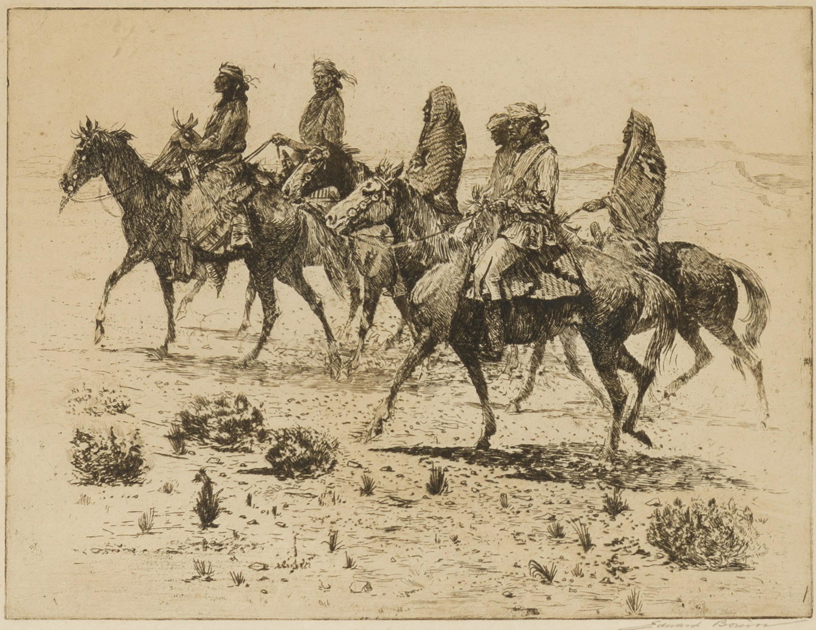 Edward Borein (1872-1945 Santa Barbara, CA): "Navajos" Etching and drypoint on paper under glass Signed lower right: Edward Borein Plate: 9.25" H x 12" W Literature: Galvin 183.